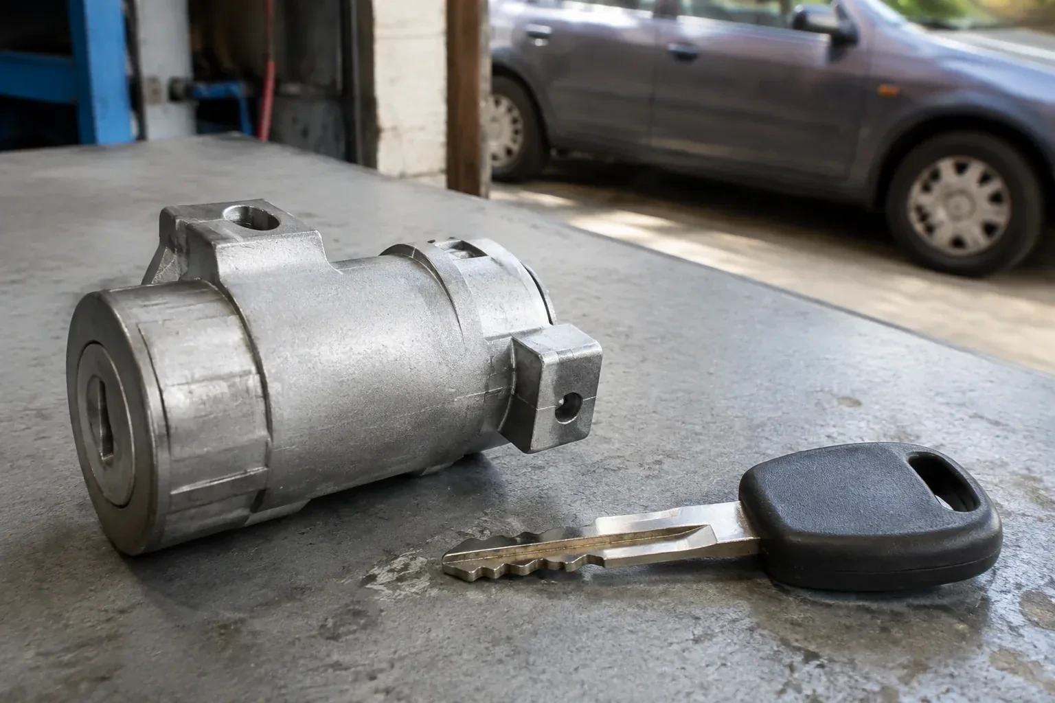 Detached cylindrical lock housing and black-headed key on an automotive workbench. — Ignition Lock Repair, Toronto