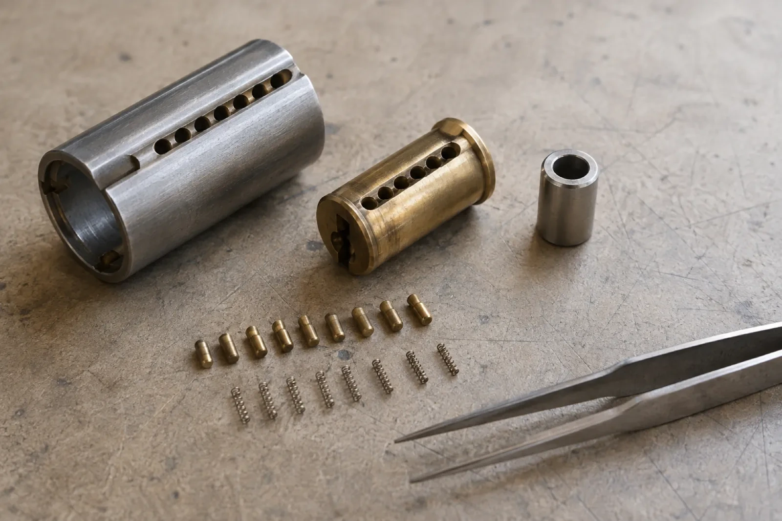 Disassembled brass and steel lock cylinder parts laid on a gray metal surface with small brass pins, springs and tweezers. — Toronto