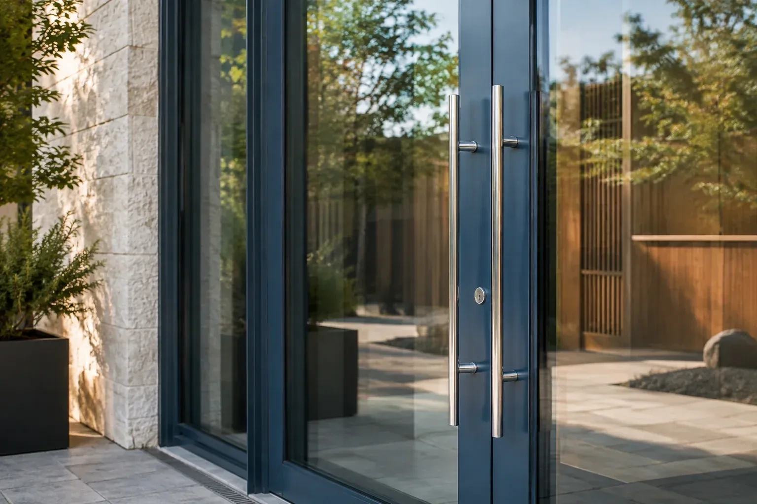 Dark-framed glass entrance doors with long silver-colored vertical pull handles and a round keyhole. — Business Lockout Service, Toronto