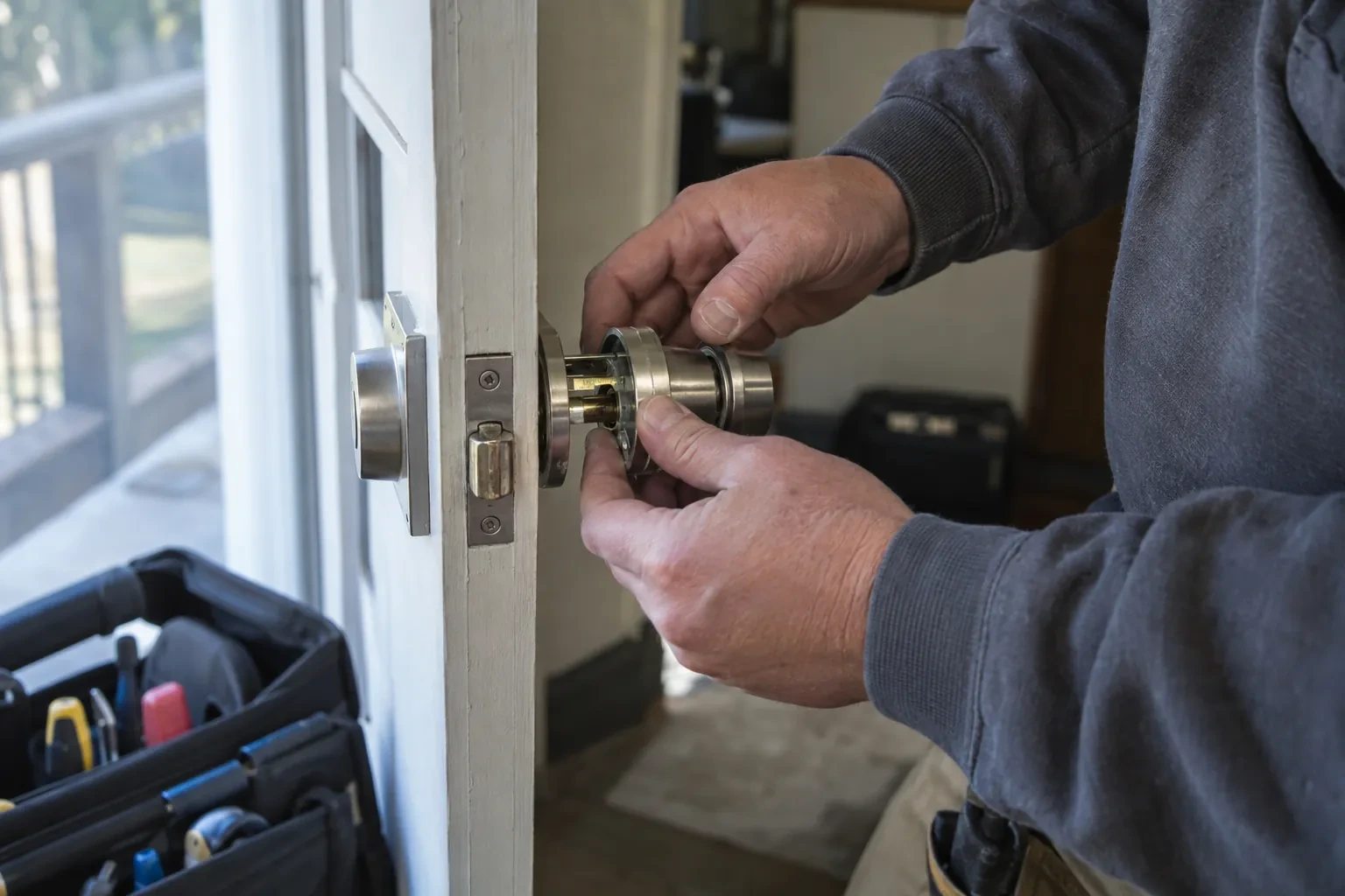 Hands holding a disassembled steel knob at the latch edge of a white door beside a deadbolt and an open tool bag. — Bedford Park