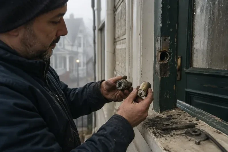Person holding two lock cylinders beside an open painted door, with loose hardware and debris on the sill. — Seized & Jammed Lock Opening, Toronto